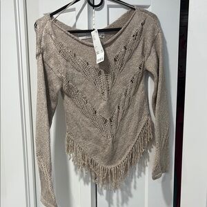 Women's Beige Sweater with Fringe Detail